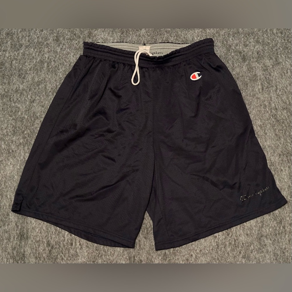Vintage Men’s Champion Logo Jersey Mesh Navy Blue Training Shorts - Size Large
